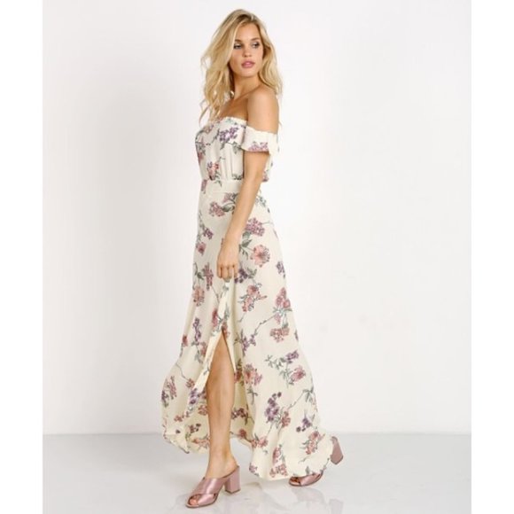 Flynn Skye Dresses & Skirts - Flynn Skye Floral Bardot Maxi Dress Cream Size Small